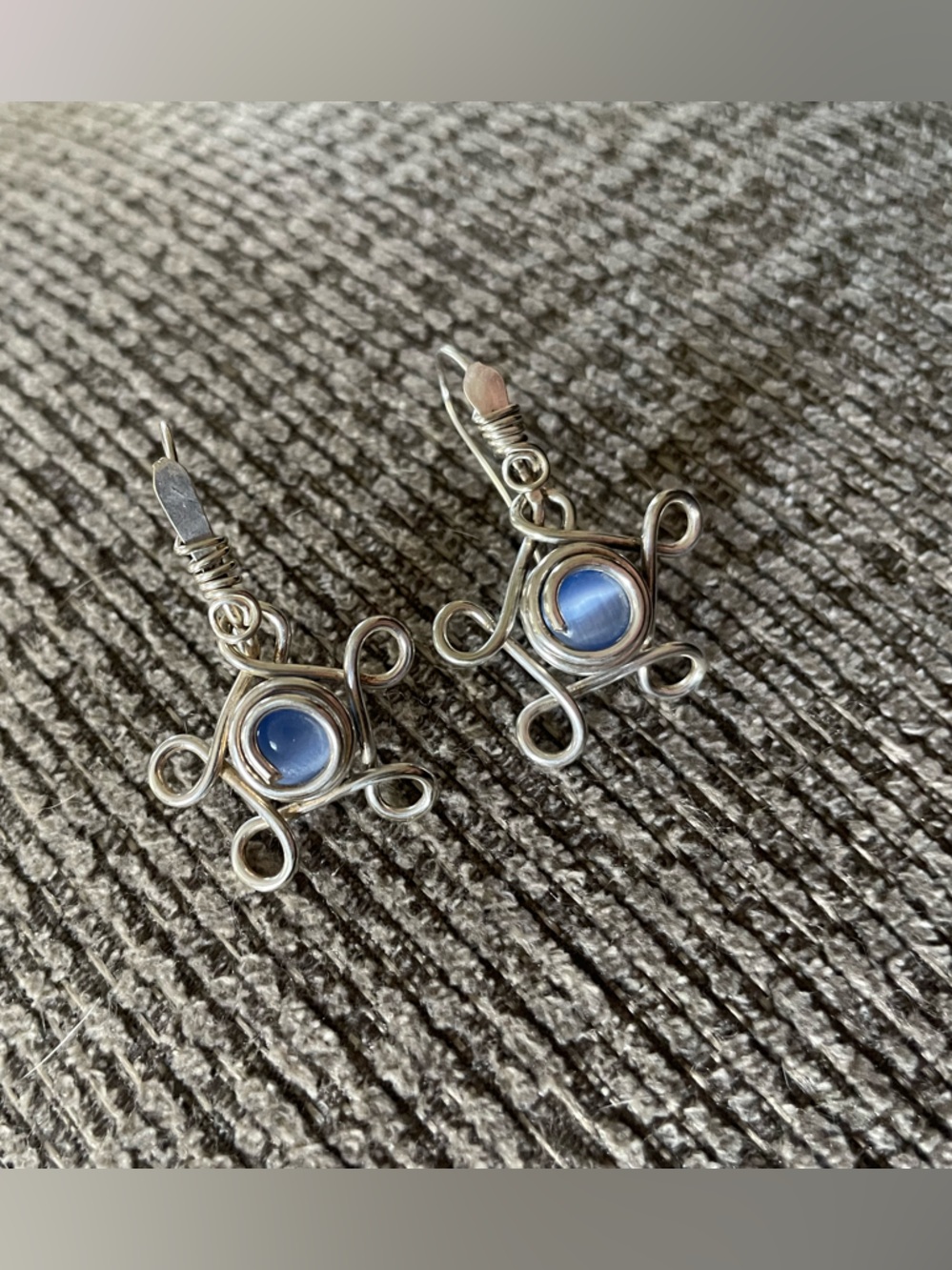 Sterling Silver Wire Wrapped Blue Glass Drop Earrings